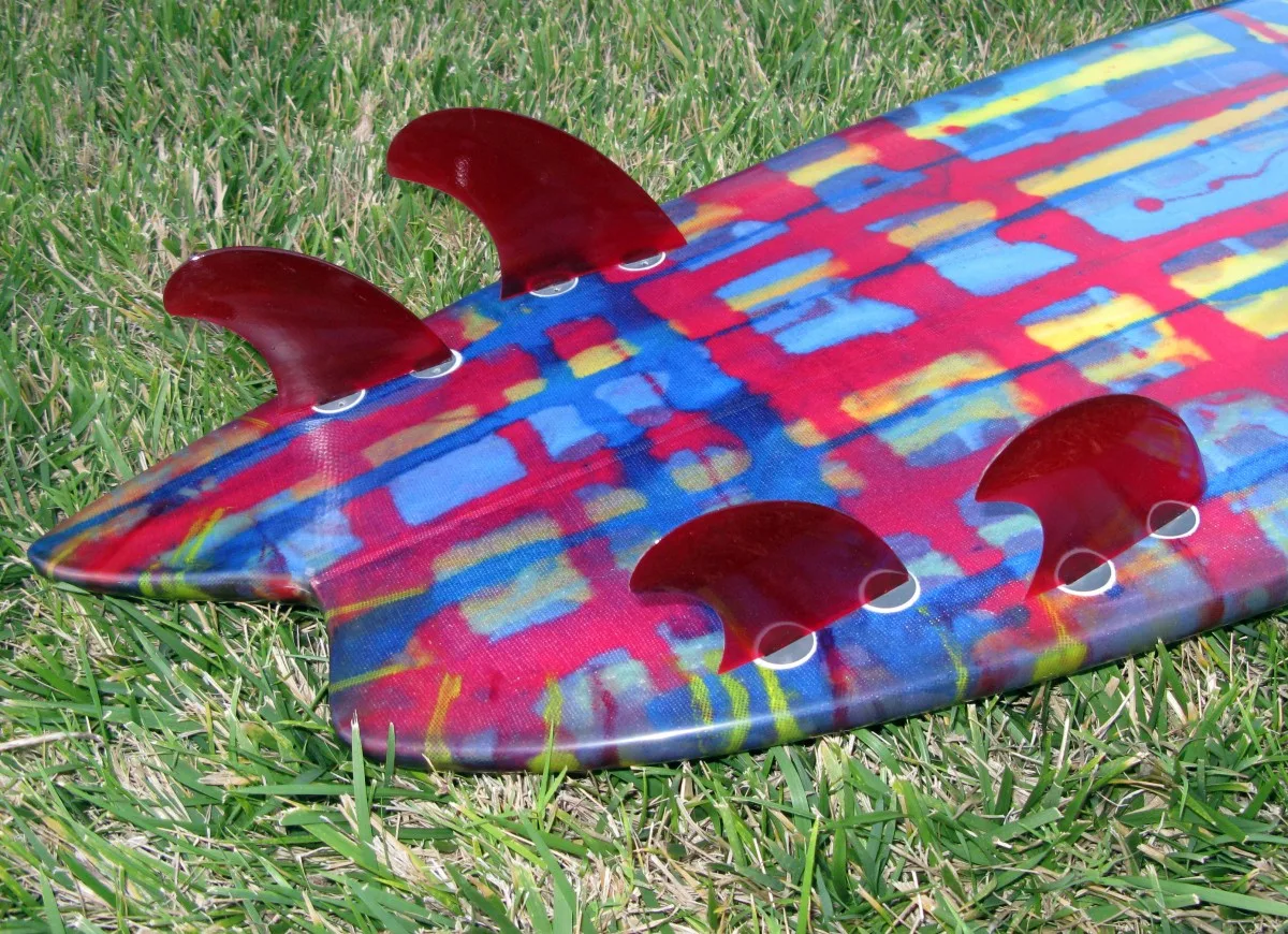 Bob Merson asymmetric quad fish, Jack Jensen fiberglass fins, FCS plugs photo: Merson